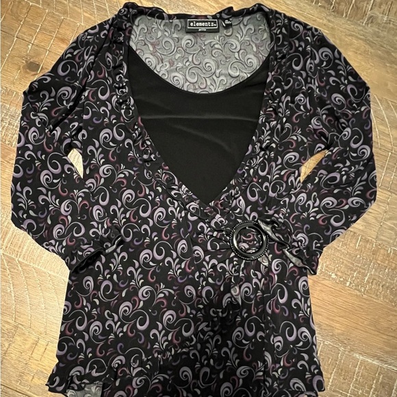 Black and Purple Women's Top 3/4 Sleeve Top Swirl Print Petite Small - Picture 5 of 6